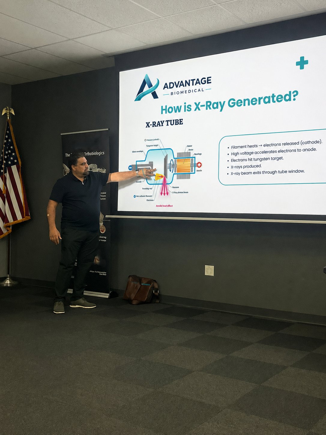 ABS Advantage Academy instructor leading a live X-ray imaging training session — explaining X-ray tube components and beam generation