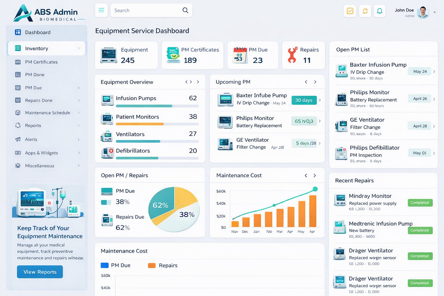 ABS Admin equipment service dashboard preview